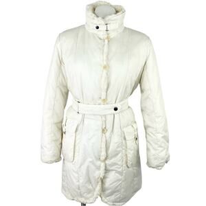 MAX MARA LONG WHITE BELTED WINTER PARKA COAT W FUR TRIM SZ M US 10 WHITE